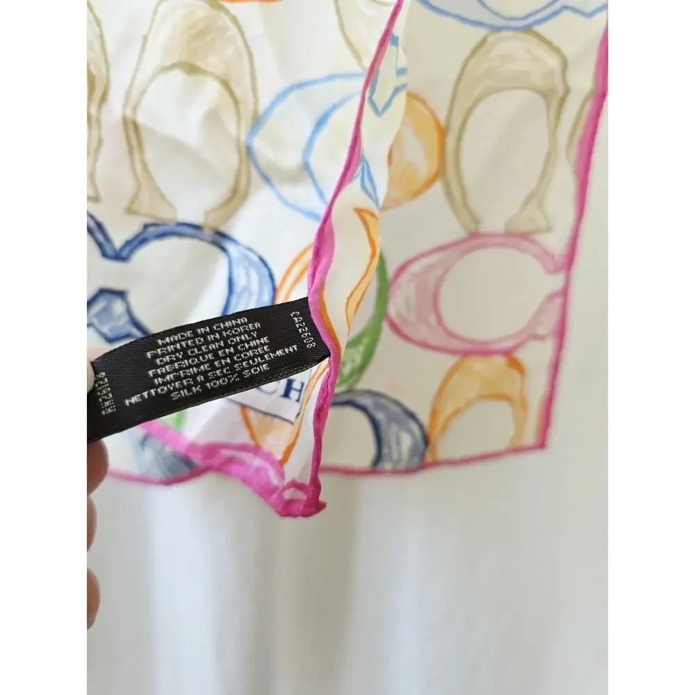 COACH Scarf Signature Rainbow Silk Satin Scarf 58 x 10 Pink Blue White Vtg 90's